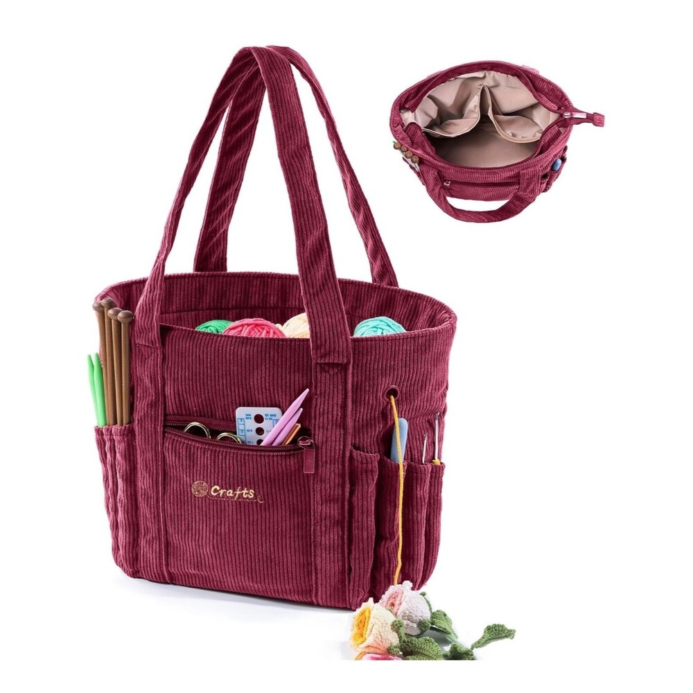 New MYBAGZING Burgundy Red Corduroy Knitting Crochet Yarn Craft Storage Tote Bag